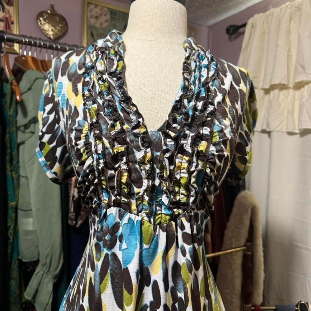 Y2K V Neck Print Ruffle Blouse